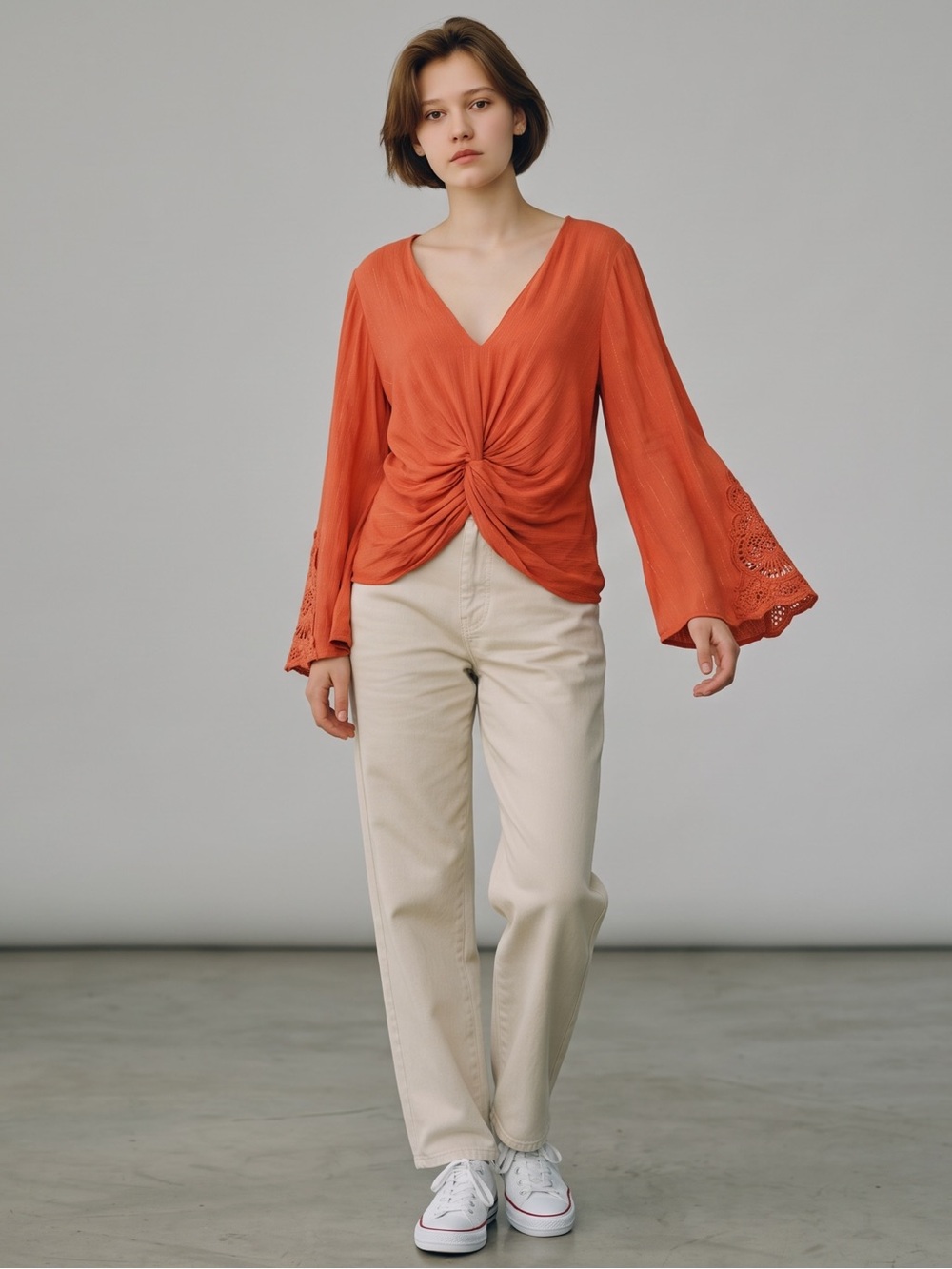Coco + Jaimeson Coral Boho V-Neck Long Sleeve Top Size M
